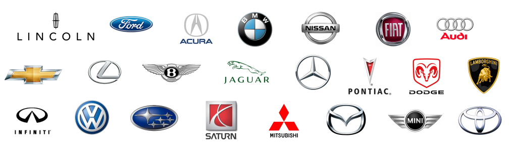 Vehicle makes serviced, including Lincoln, Ford, Acura, BMW, Nissan, Fiat, Audi, Chevrolet, Lexus, Bentley, Jaguar, Mercedes-Benz, Pontiac, Dodge, Lamborghini, Infiniti, Volkswagen, Subaru, Saturn, Mitsubishi, Mazda, Mini, and Toyota